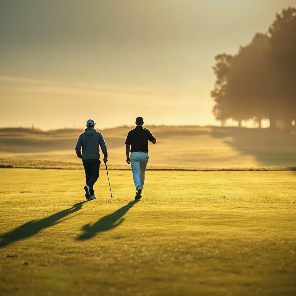 two golfers walking on a dewy fairway in the early morning light