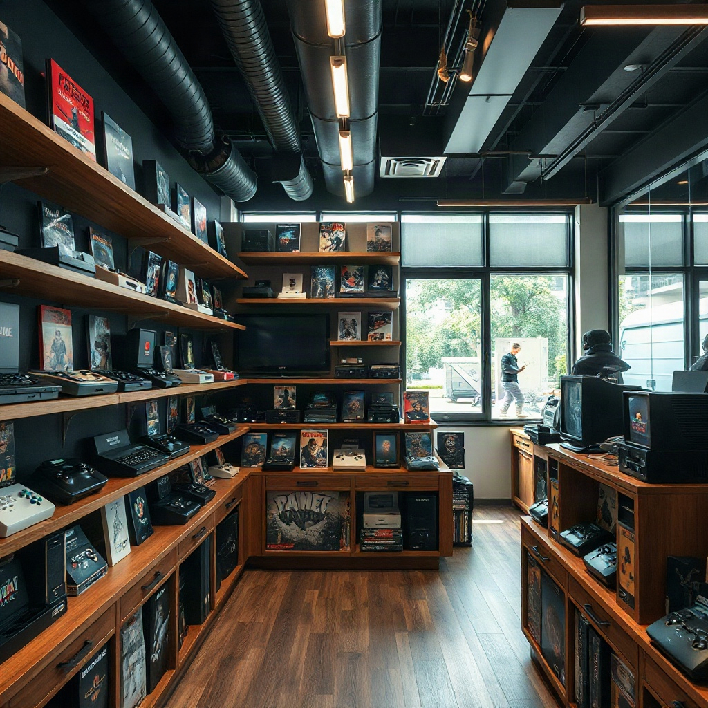 Modern high-end retro gaming store interior