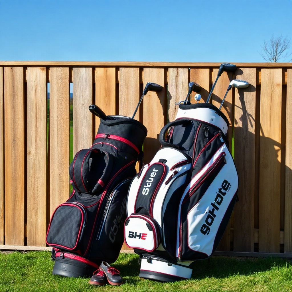 two golf bags leaning against a wooden fence