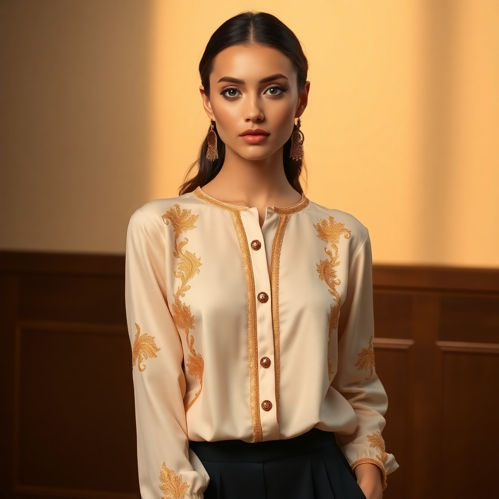 woman wearing structured embroidered blouse with gold accents, elegant fashion studio photography wa