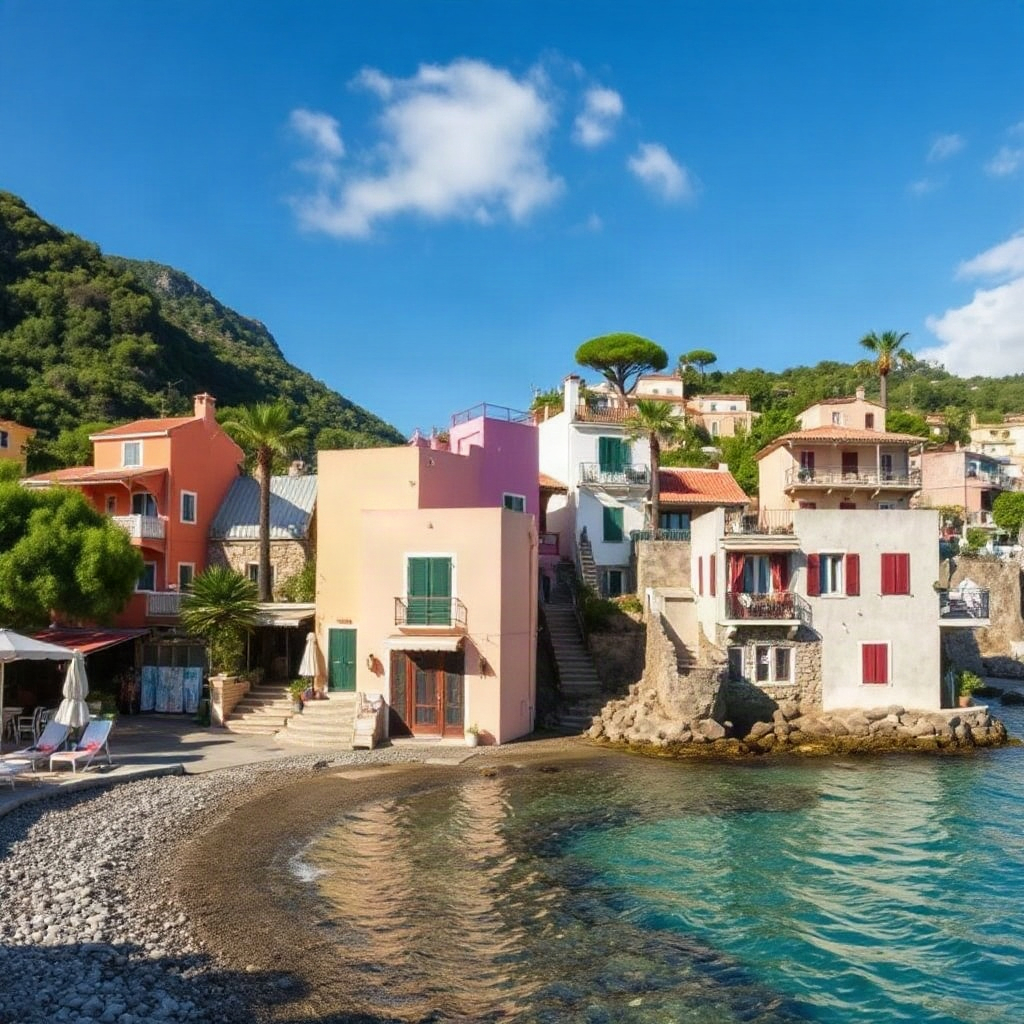 colorful beachfront villas in the amalfi coast, crystal clear water