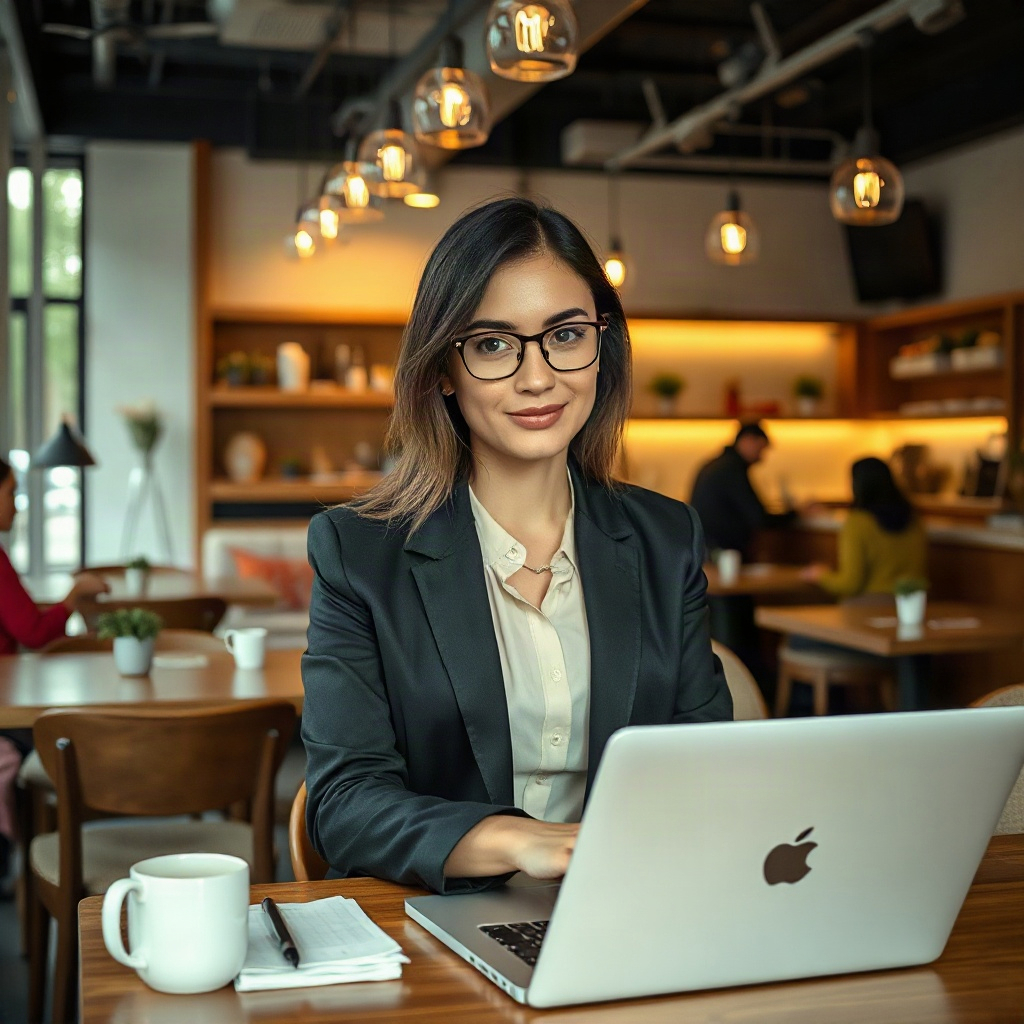 lifestyle shot of a professional woman working in a modern cafe, editorial style