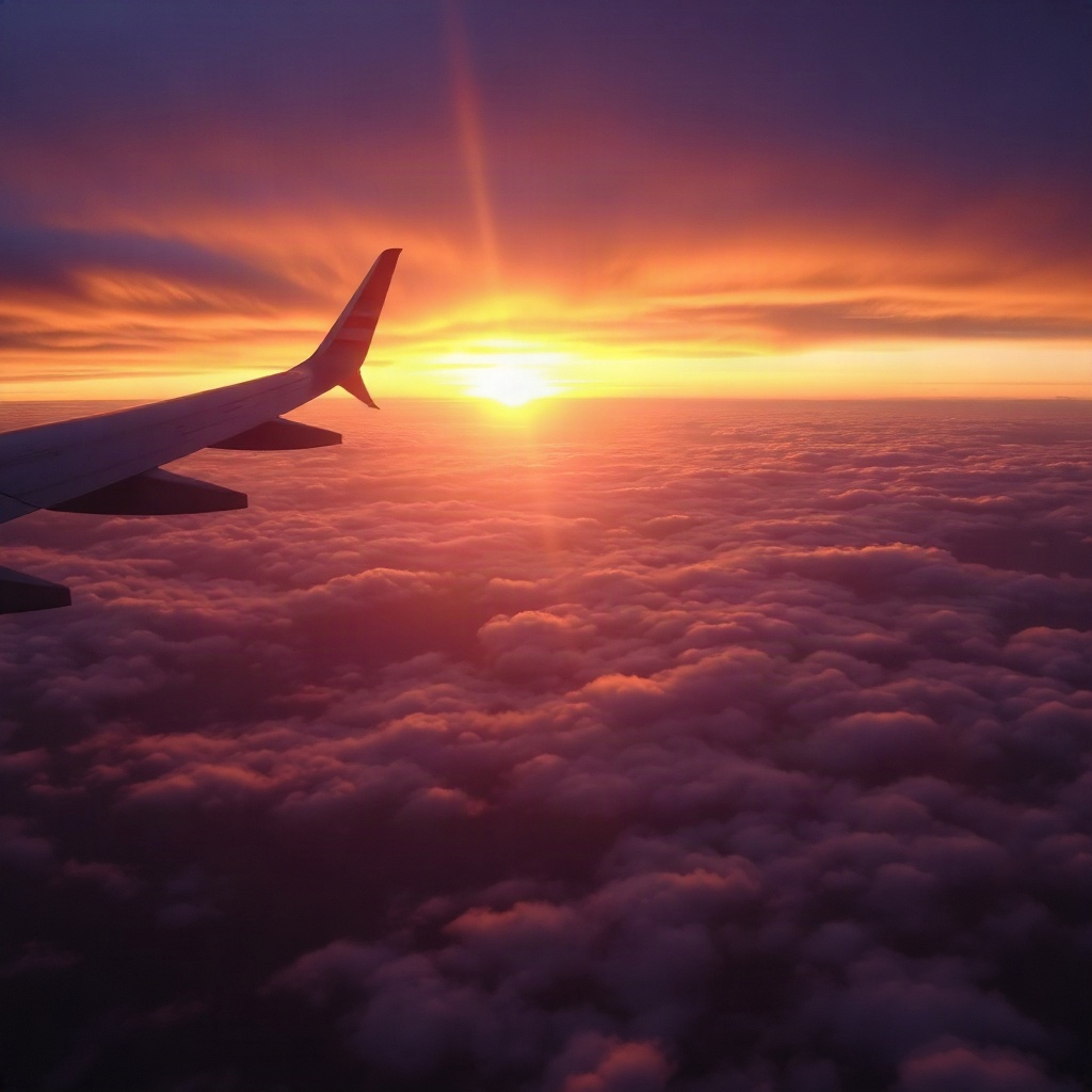 airplane wing view over clouds during sunset