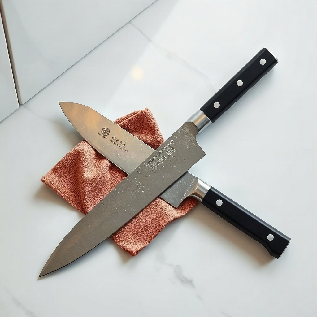 Flat-lay photograph of a Japanese-style chef knife on a wooden board