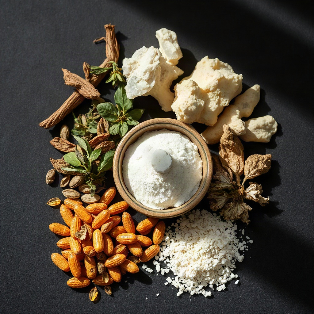premium supplement ingredients arranged artfully — dried herbs, vitamin crystals, collagen powder in
