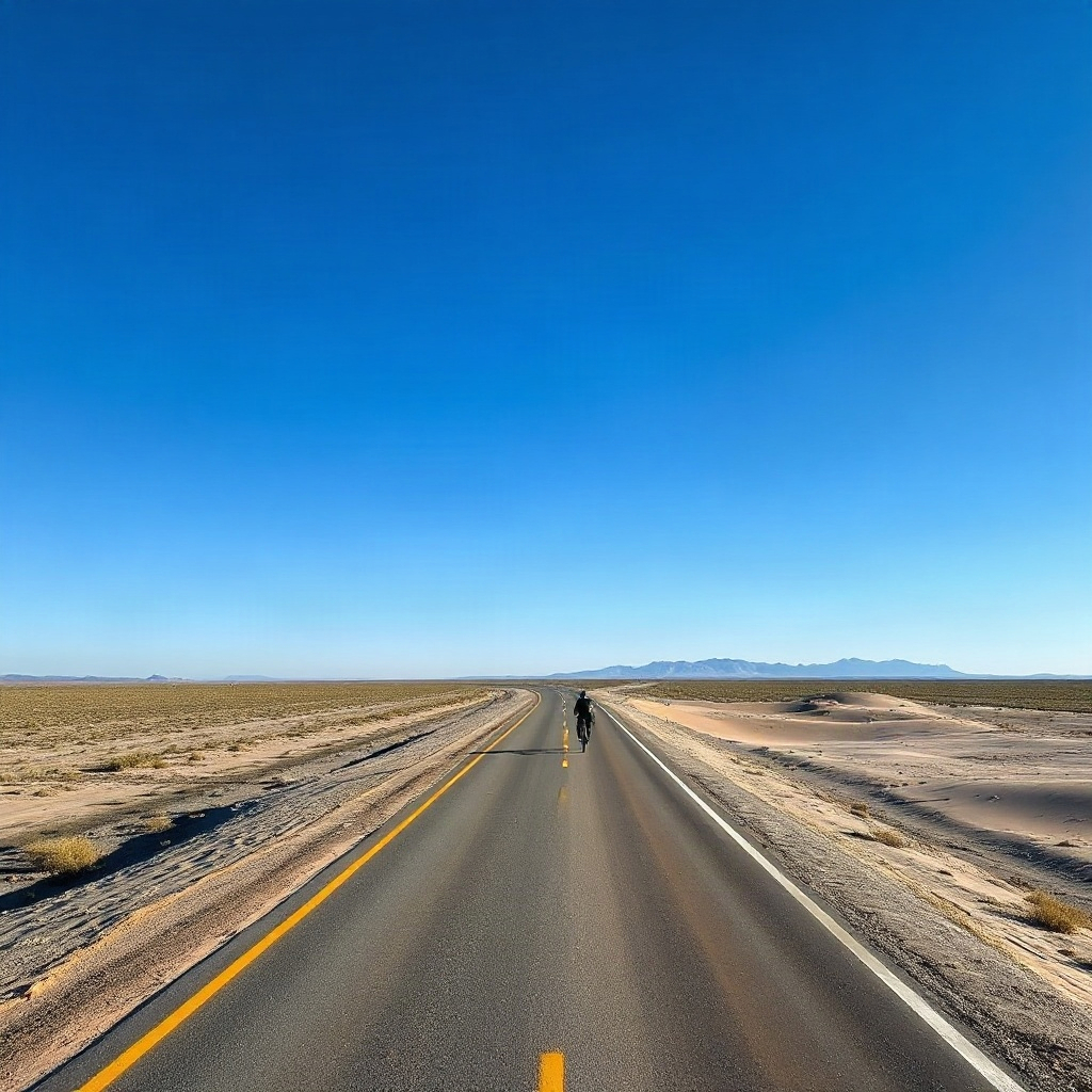aerial view of a cyclist traveling on a long straight desert road