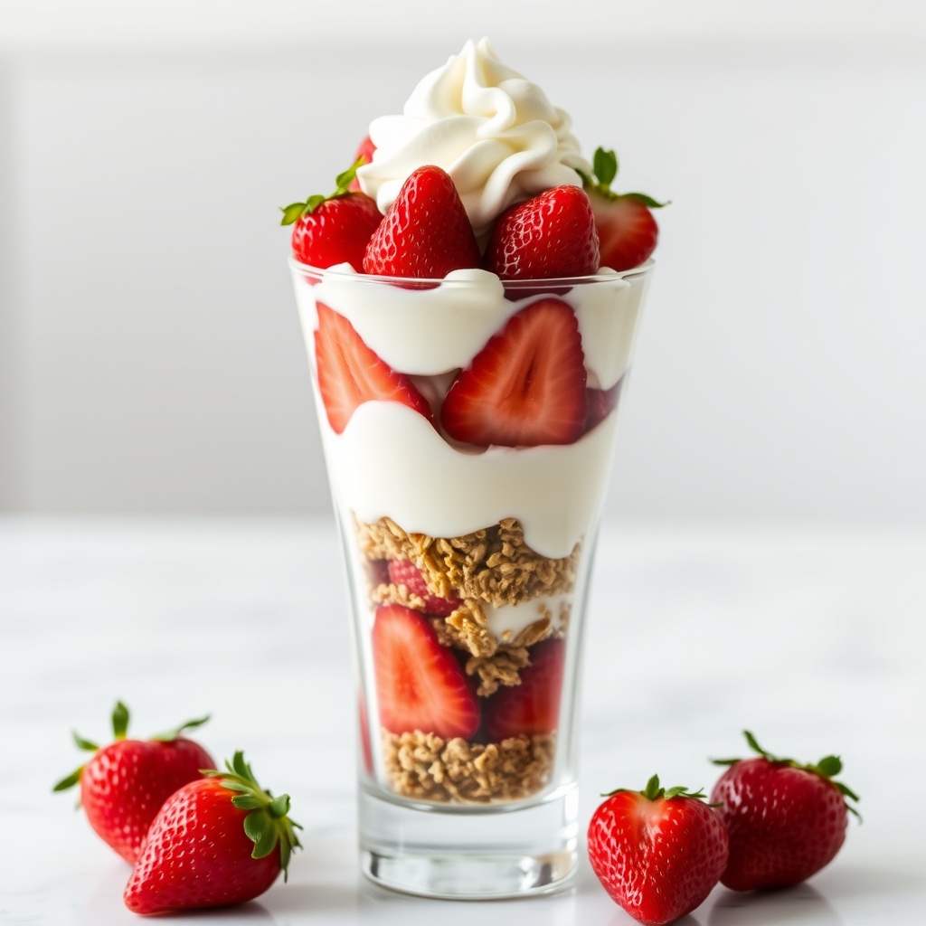 strawberry parfait in a tall clear cup with layers of strawberries cream and granola topped with whi