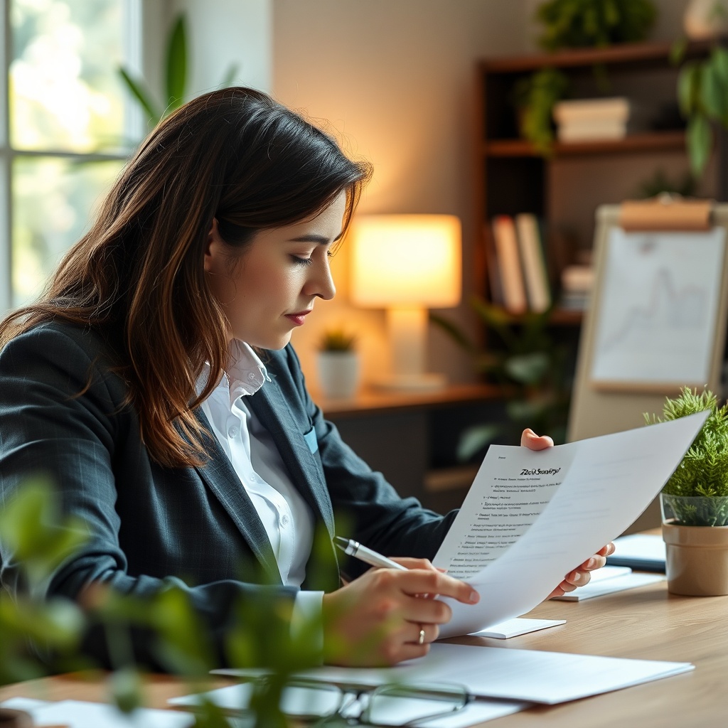 accountant reviewing ZUS social security documents with pen, cozy office with natural plants, warm p