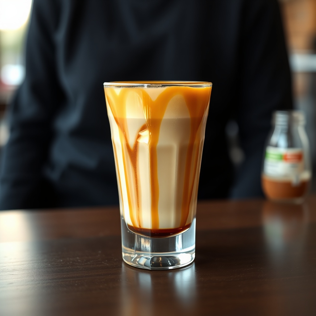 espresso macchiato double shot in small glass with caramel drizzle, dark coffee shop