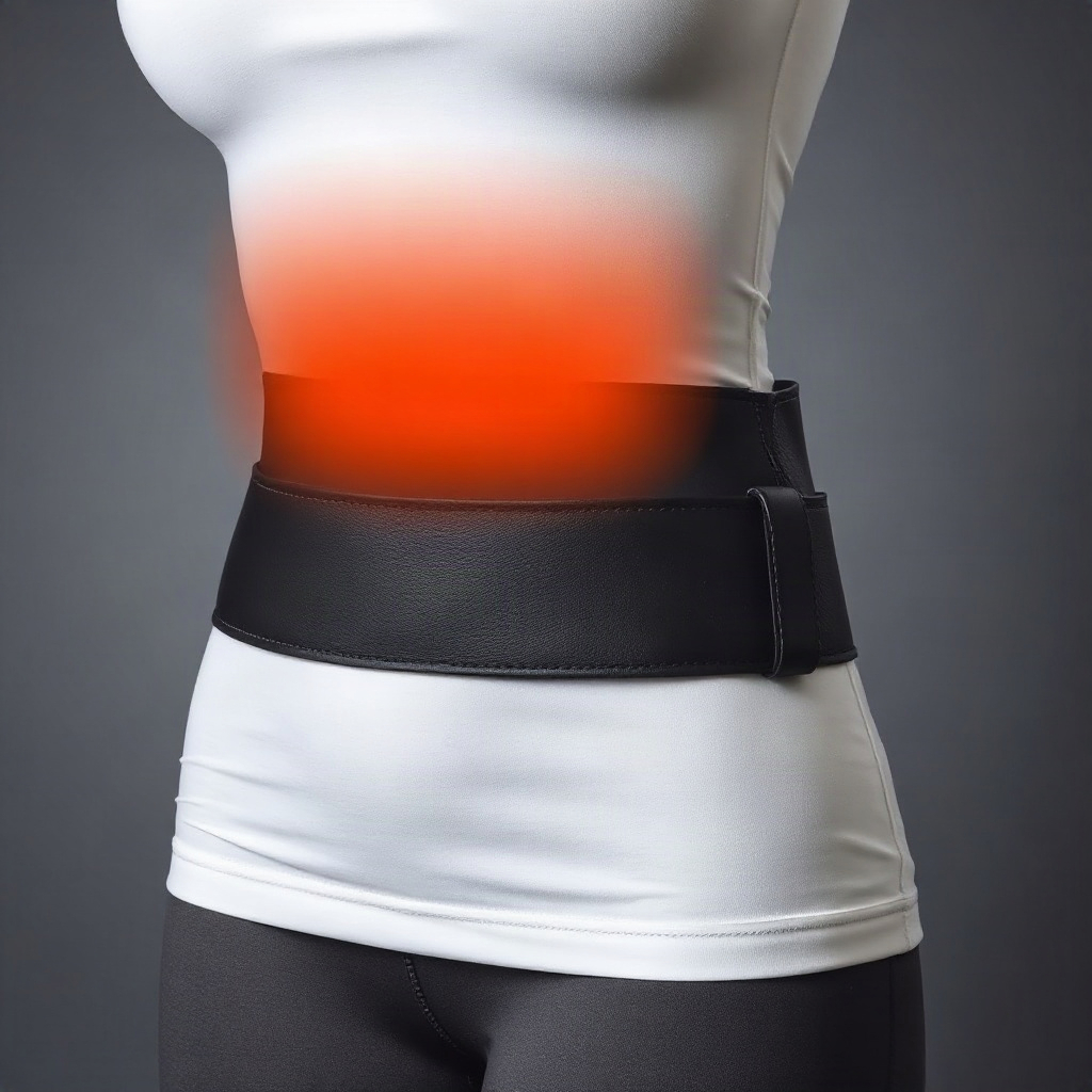premium graphene heating waist belt product photography, dark leather and amber accent
