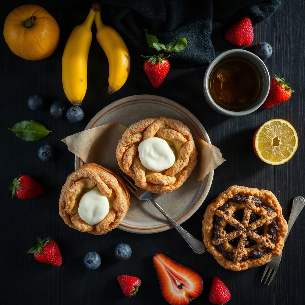 overhead shot of artisanal vegan pastries and fresh fruit on a dark wooden table, dramatic side ligh