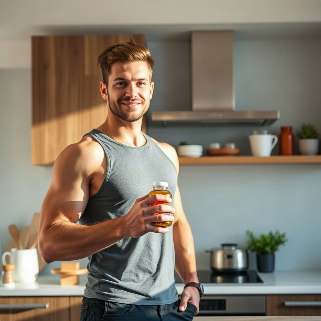 confident fit man in his 30s holding a supplement bottle in a bright modern kitchen, morning routine