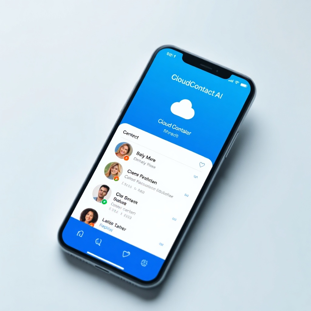 CloudContactAI mobile app interface on a modern smartphone, conversation list with profile pictures,