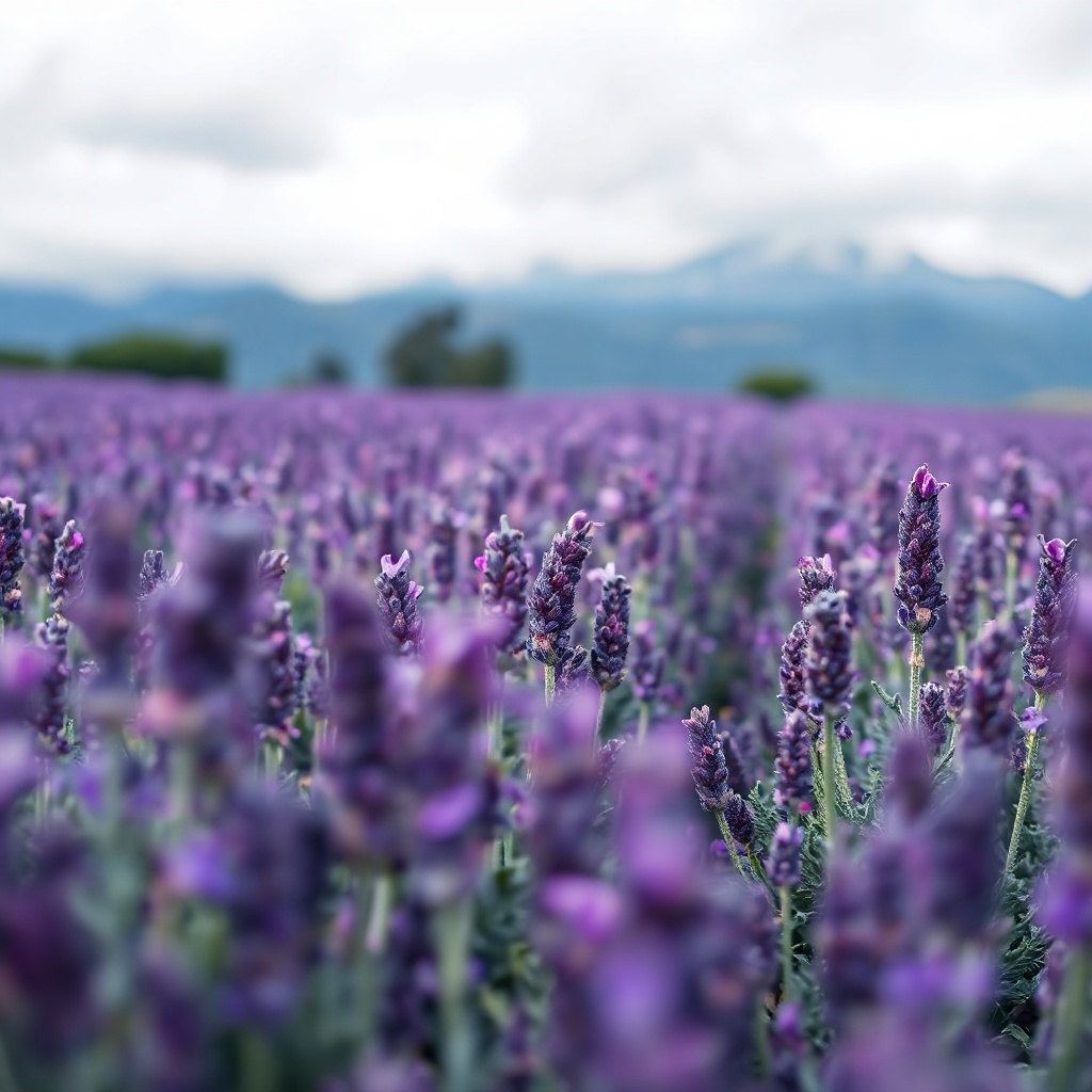 Soft focus purple lavender fields with misty mountains in the background, dreamy atmospheric aesthet