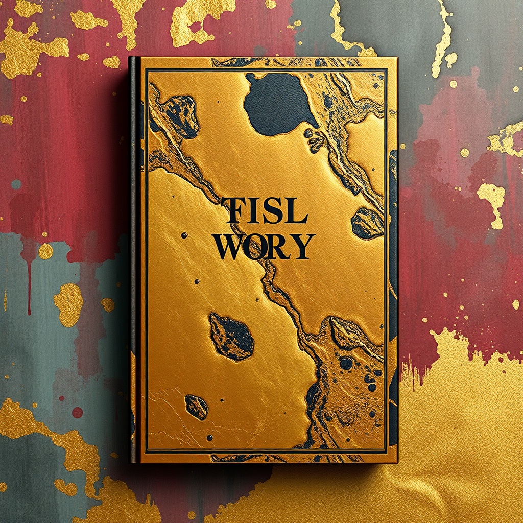 luxury book cover with gold foil texture, abstract painterly background, deep colors, professional s