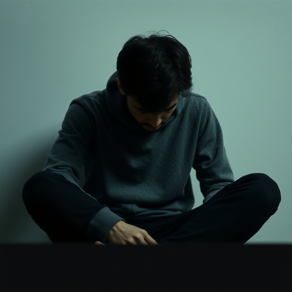 Person sitting alone looking dejected, lack of mental energy concept, muted tones, cinematic photogr