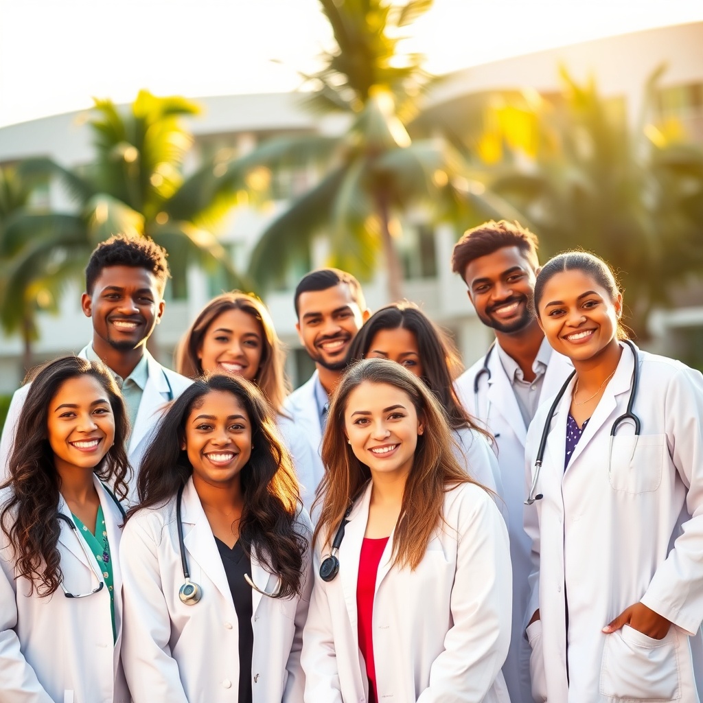 confident group of diverse medical students in white coats smiling outdoors on a sunny tropical campus