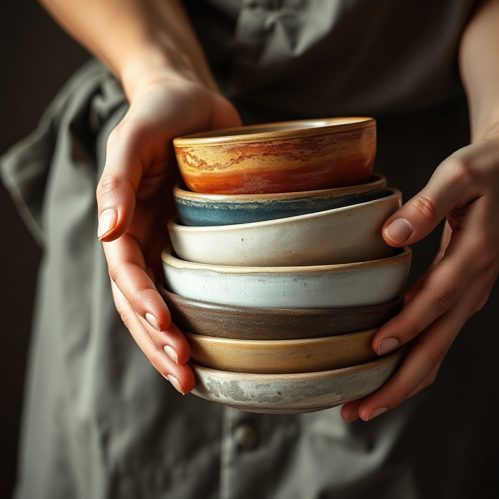 hands holding a stack of artisanal ceramic bowls, earthy tones