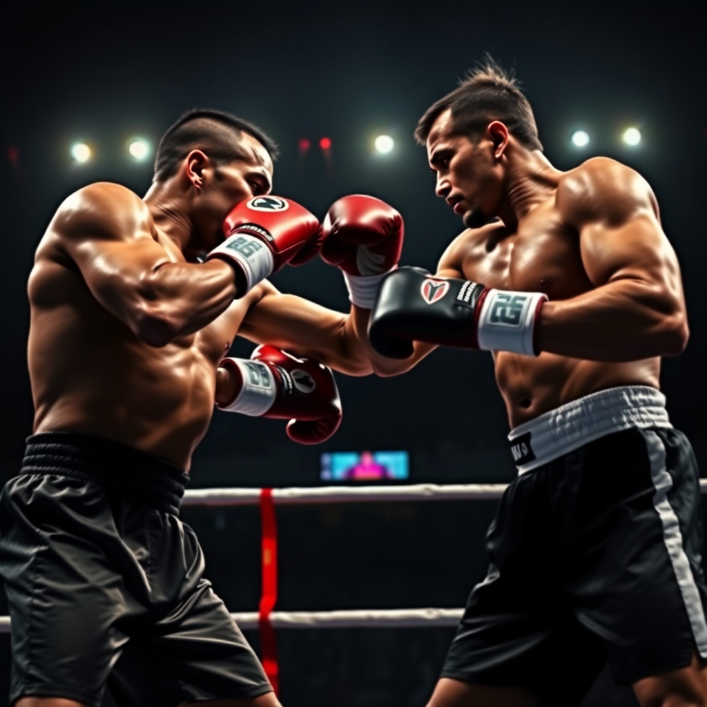 professional boxing match intense moment two boxers trading punches dark dramatic arena