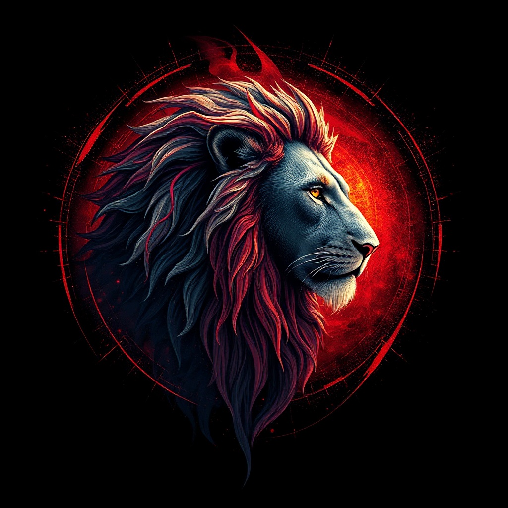 Abstract representation of strength and power, a lion profile merging with cosmic energy, dark backg