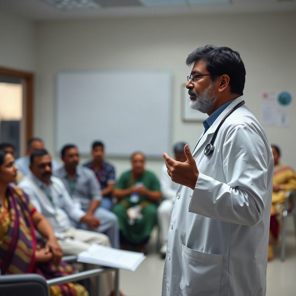 senior Indian doctor leading a medical training workshop, presenting to colleagues in a clinical sem