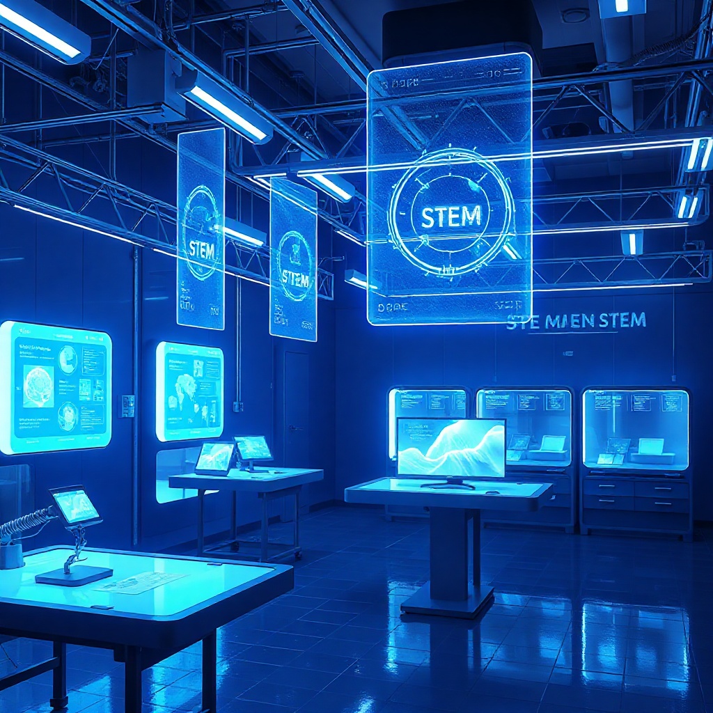 Futuristic 3D render of a glowing holographic STEM laboratory with floating screens and robotic arms