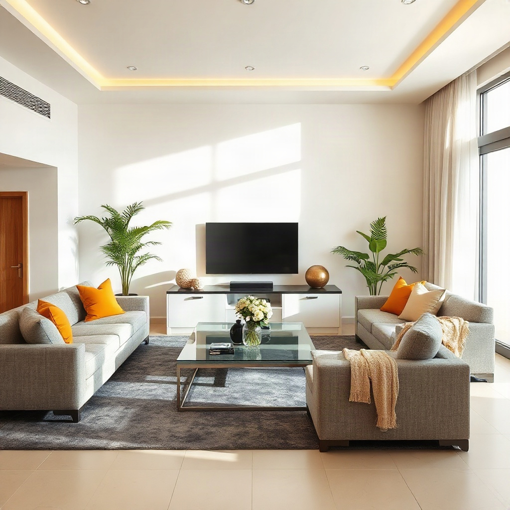 bright modern Dubai villa living room being professionally cleaned, soft daylight, premium interior,