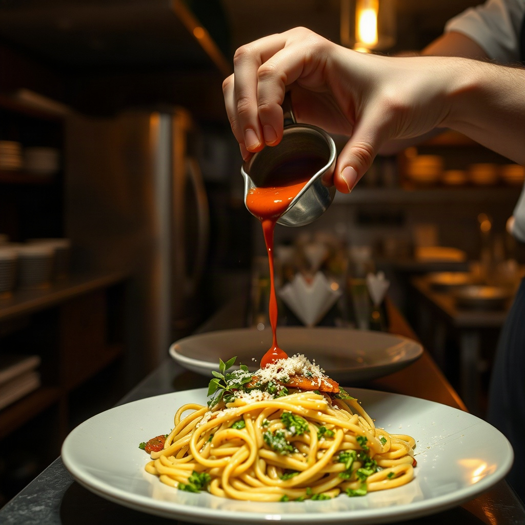 hands pouring sauce over a plant-based pasta dish in a cozy dimly lit restaurant kitchen