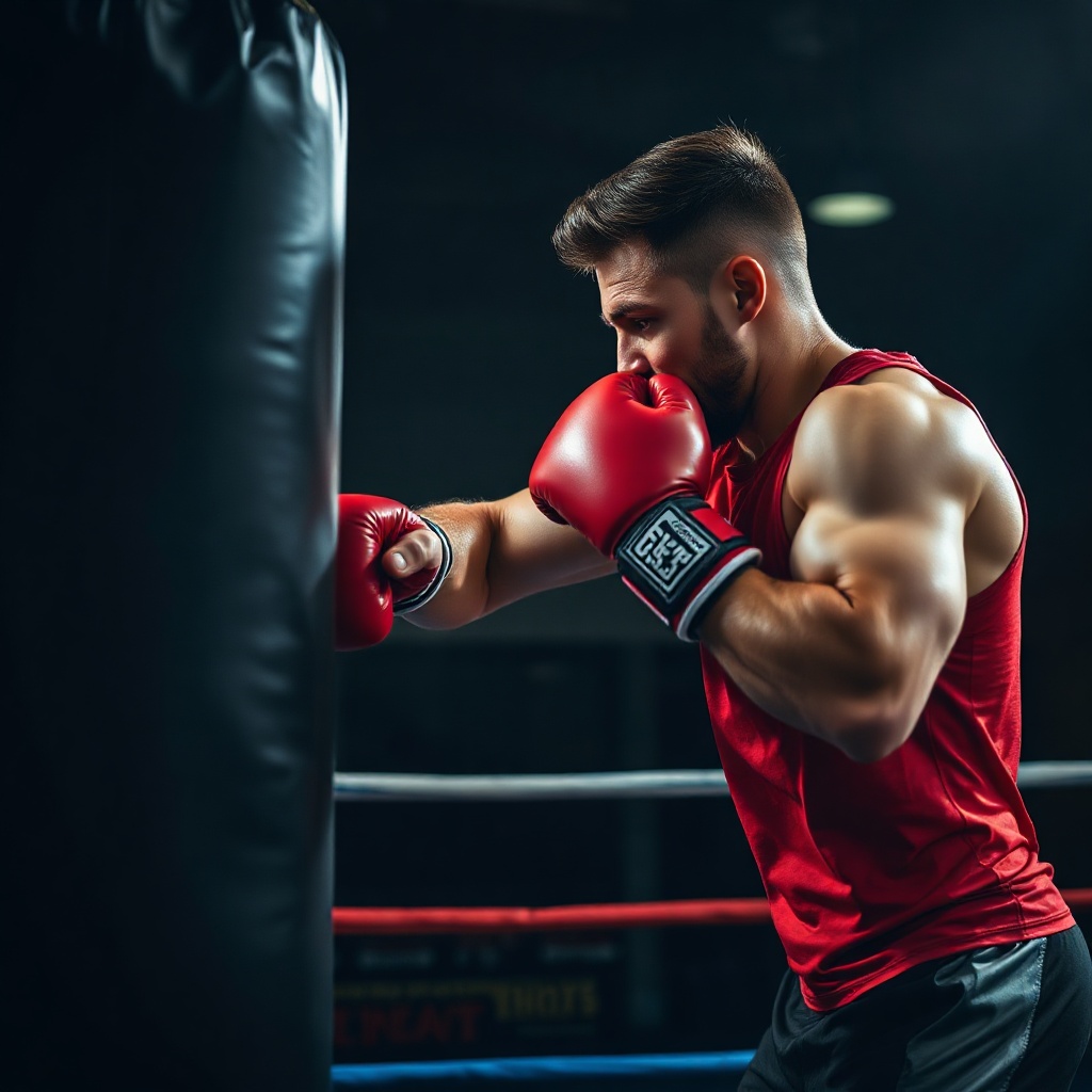 boxing training session, athlete hitting heavy bag, dark dramatic gym, sweat motion blur, athletic e