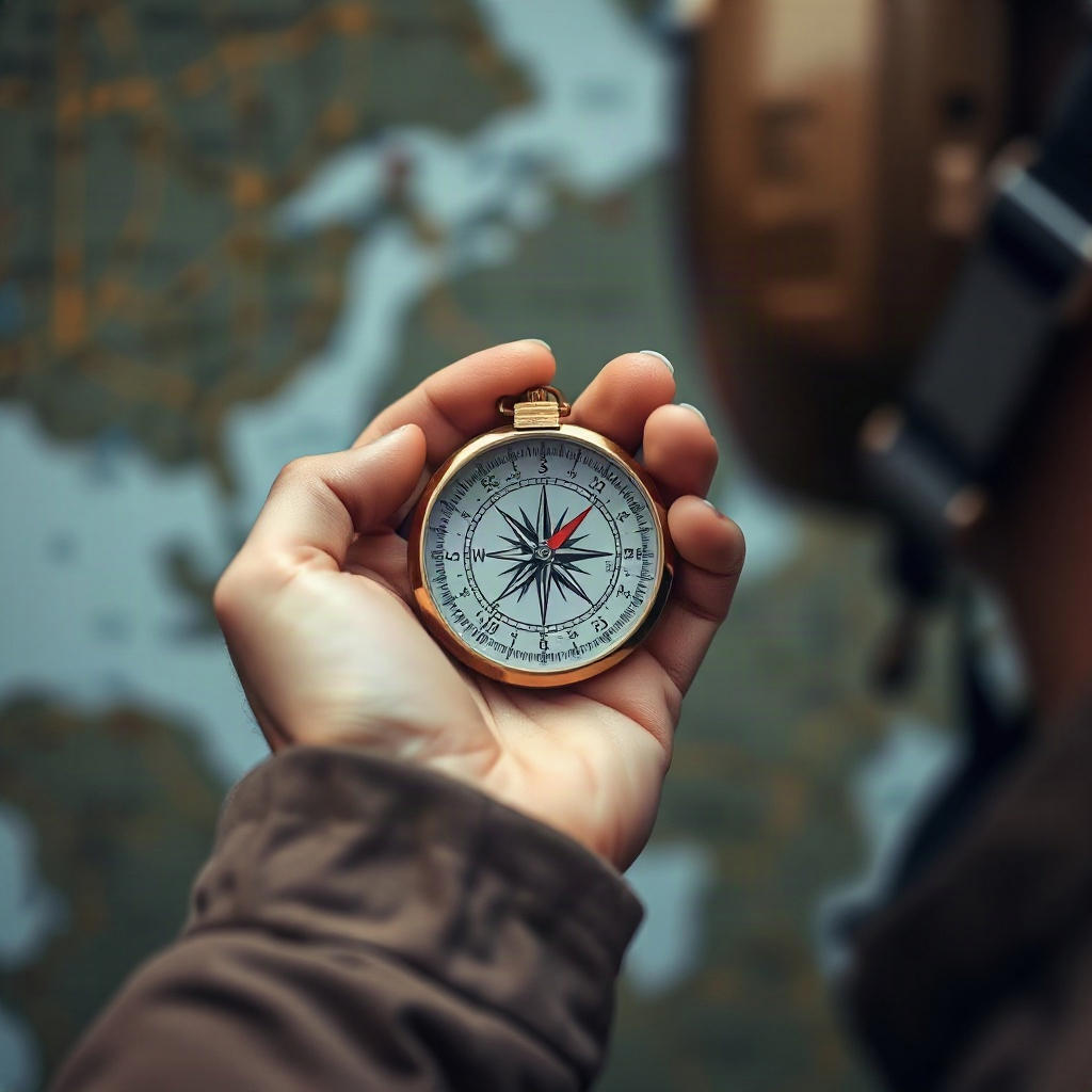 close up of a traveler's hand holding a compass