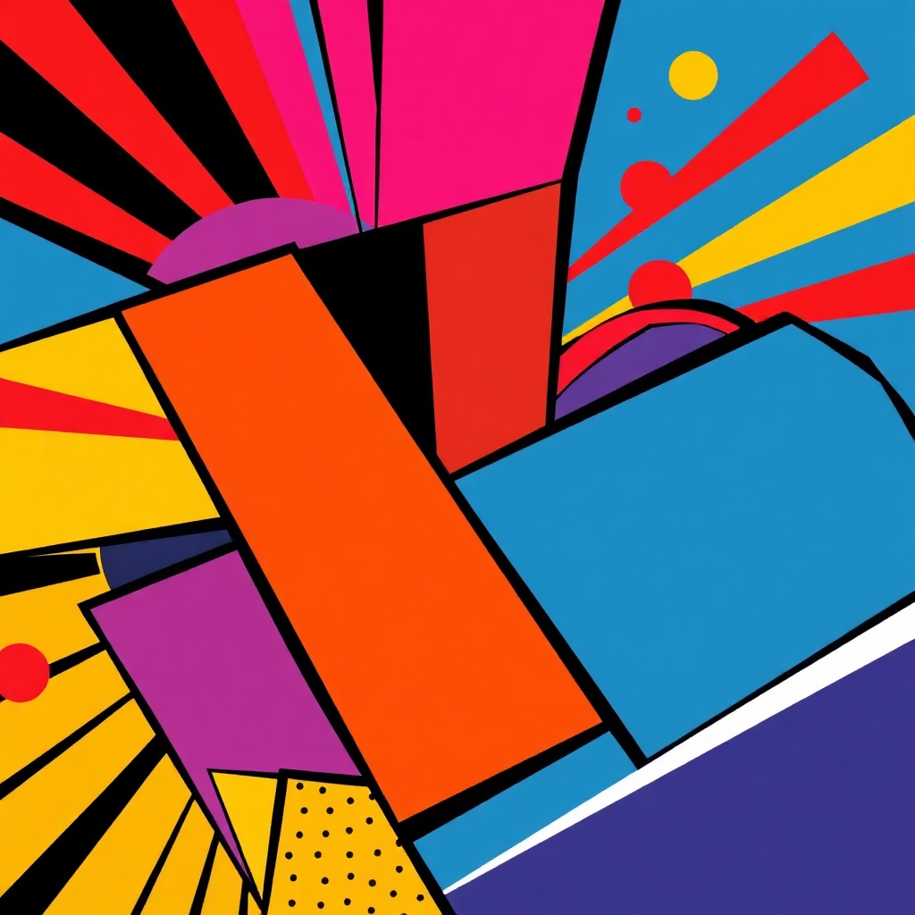 vibrant pop art style illustration with bold geometric shapes and primary colors, abstract design