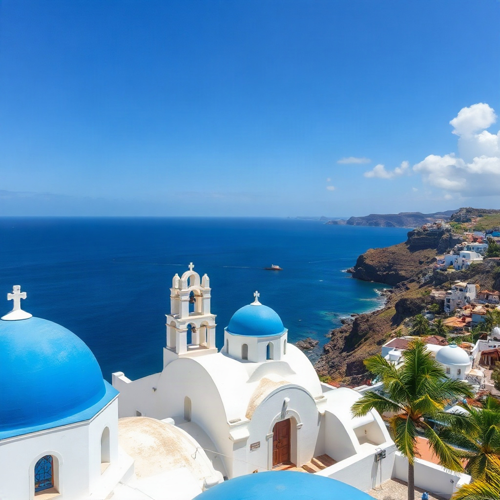 white buildings with blue domes overlooking the ocean, mauritius