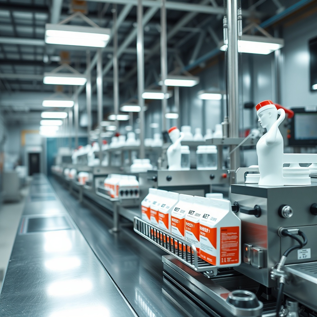 certified manufacturing line packaging health products, bright sterile factory setting
