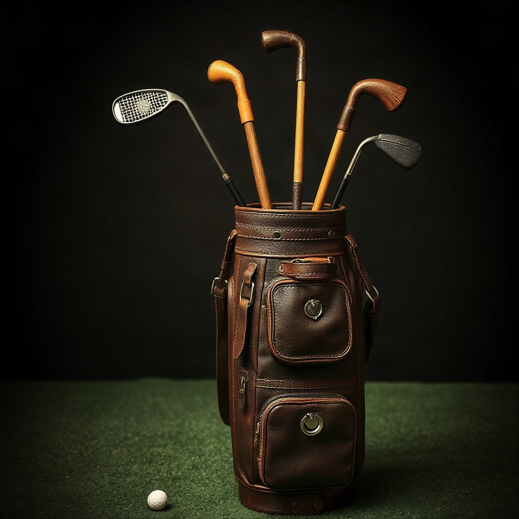 vintage golf equipment, leather bag, wooden clubs, moody lighting