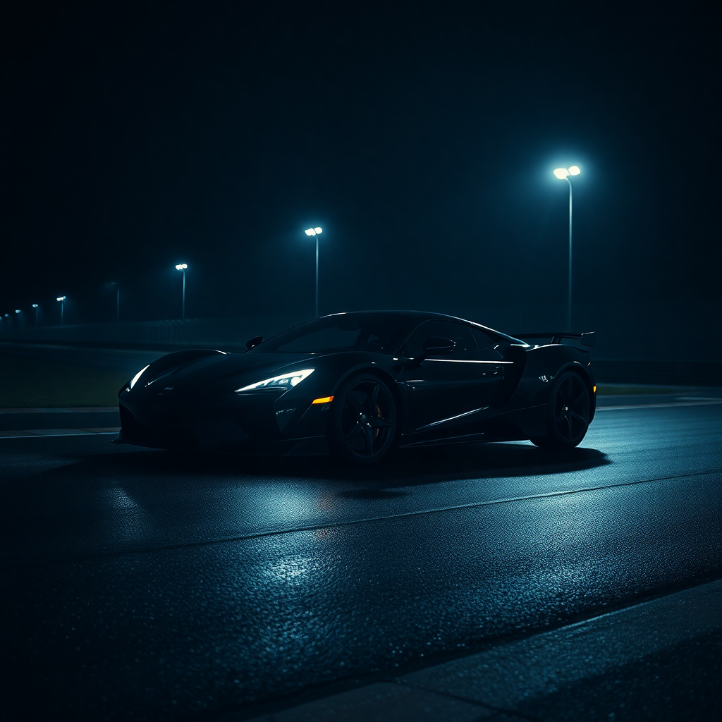cinematic dark photo of a sleek black luxury sports car on a wet asphalt track at night, dramatic si