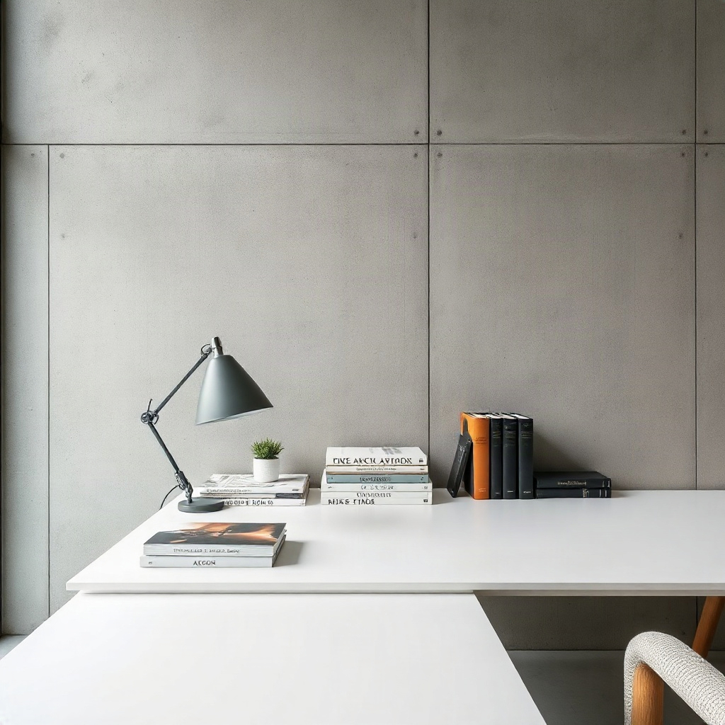 minimalist architect office detail, concrete wall, design books, clean desk