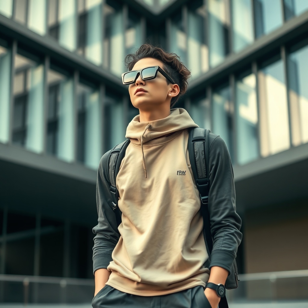 fashion model in technical streetwear, urban architectural background