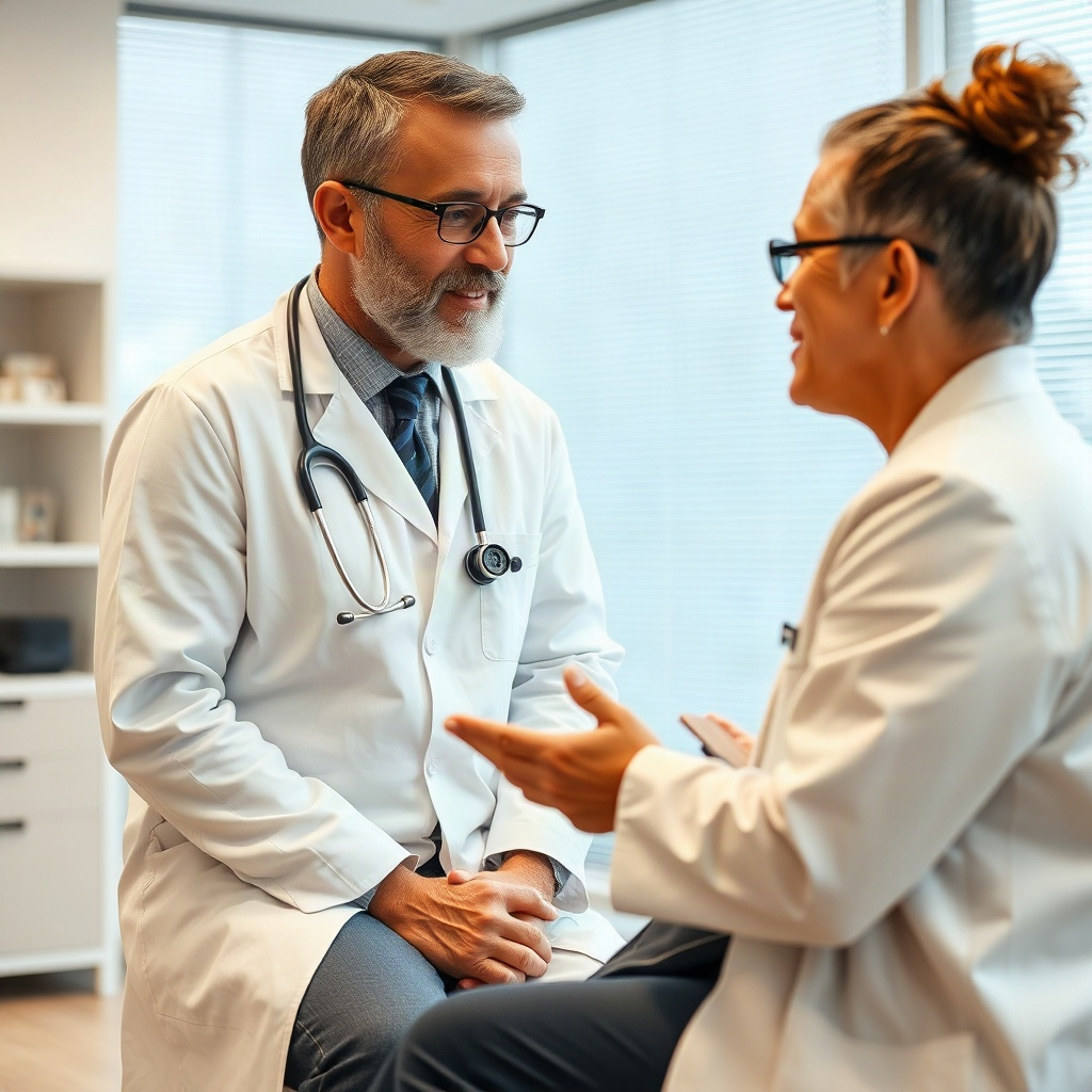 doctor consulting with a patient in a bright modern clinic, warm professional atmosphere, documentar