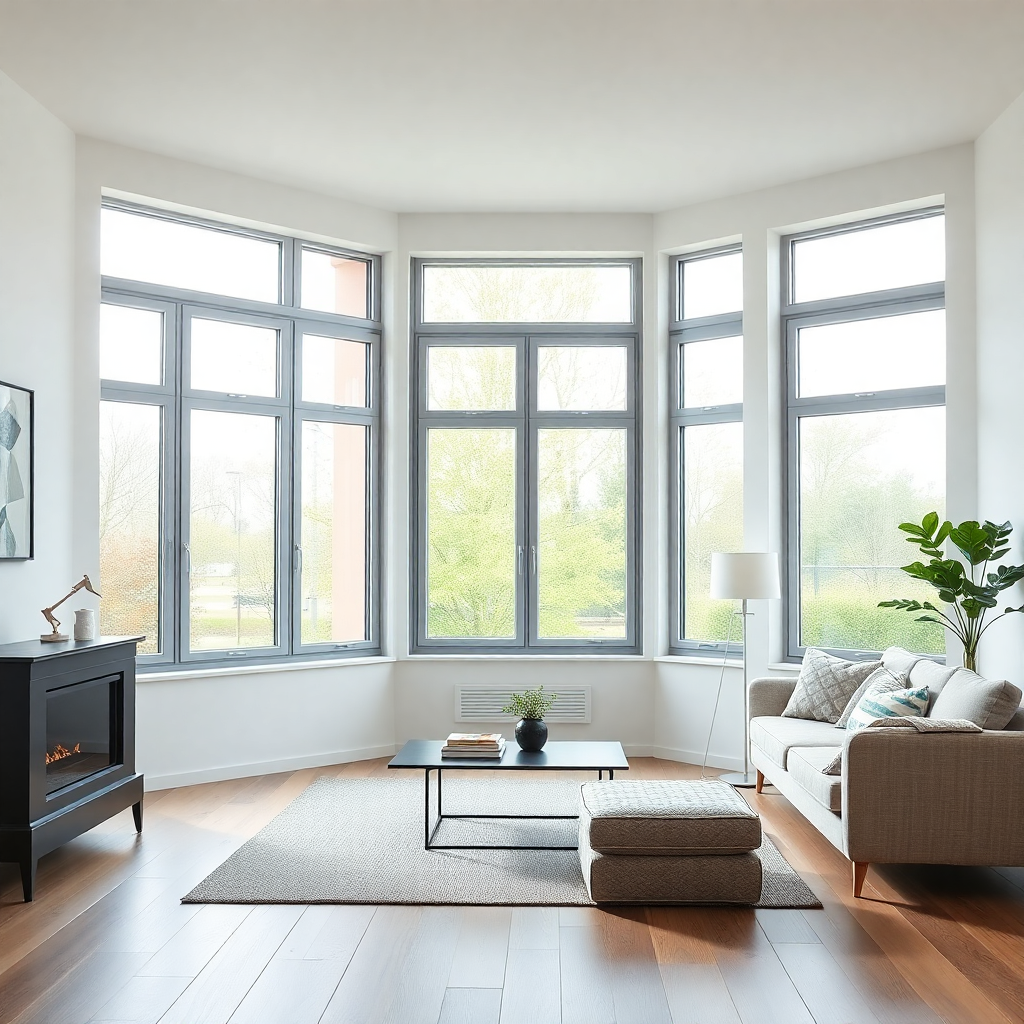 interior view of new PVC window frames installed in living room, natural light flooding in, modern D
