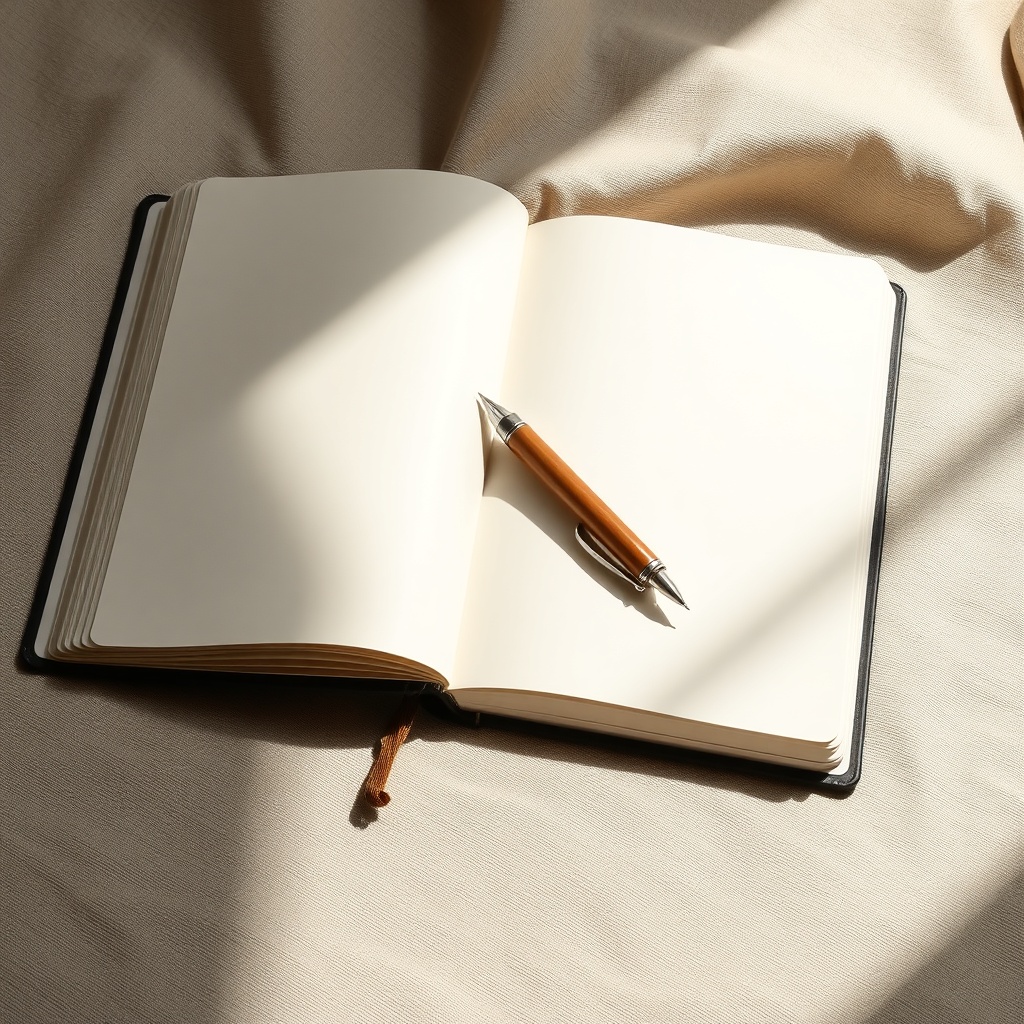 close up of open journal and premium pen on linen, soft daylight, calm study aesthetic, editorial