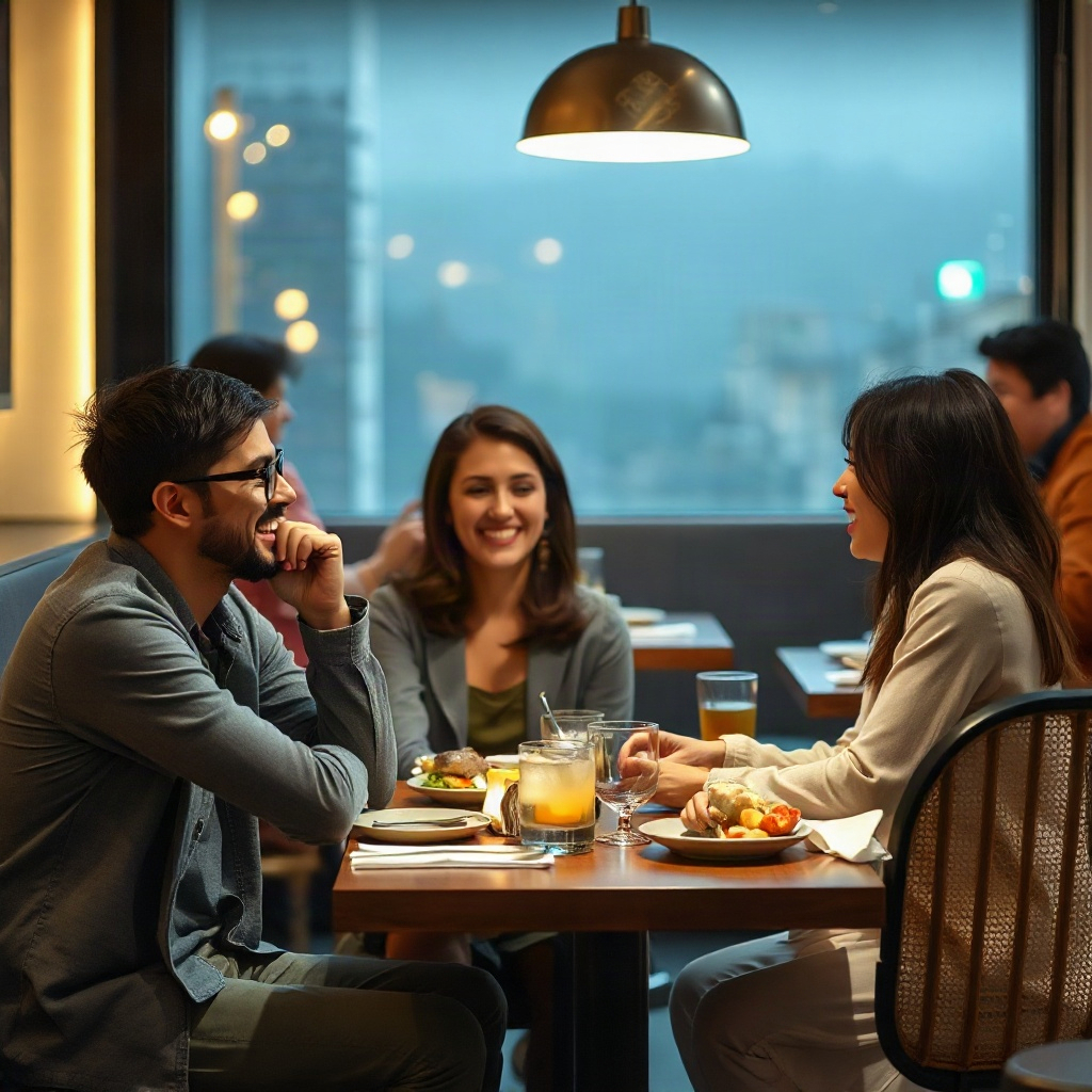 candid shot of friends laughing at a modern japanese restaurant table, soft ambient lighting