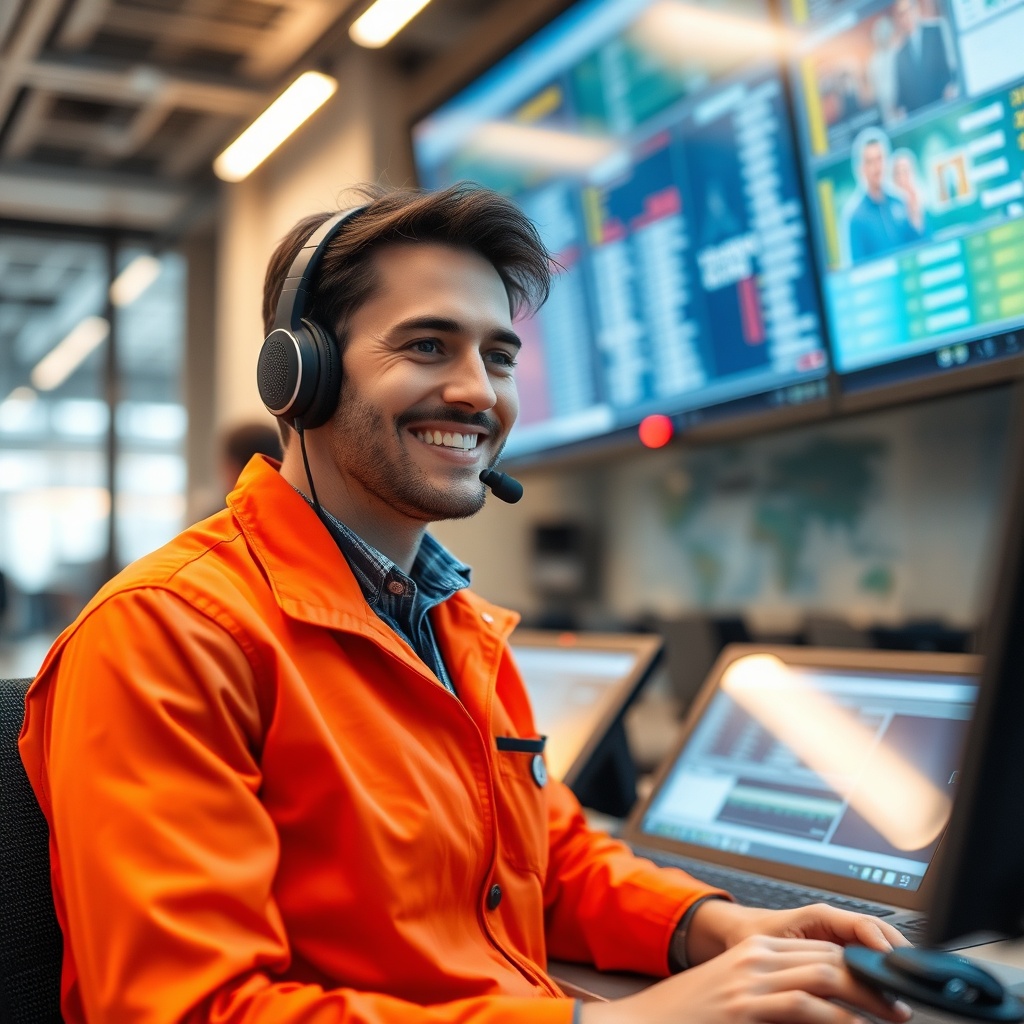 professional freight dispatcher smiling while using a headset at a modern logistics control center, 