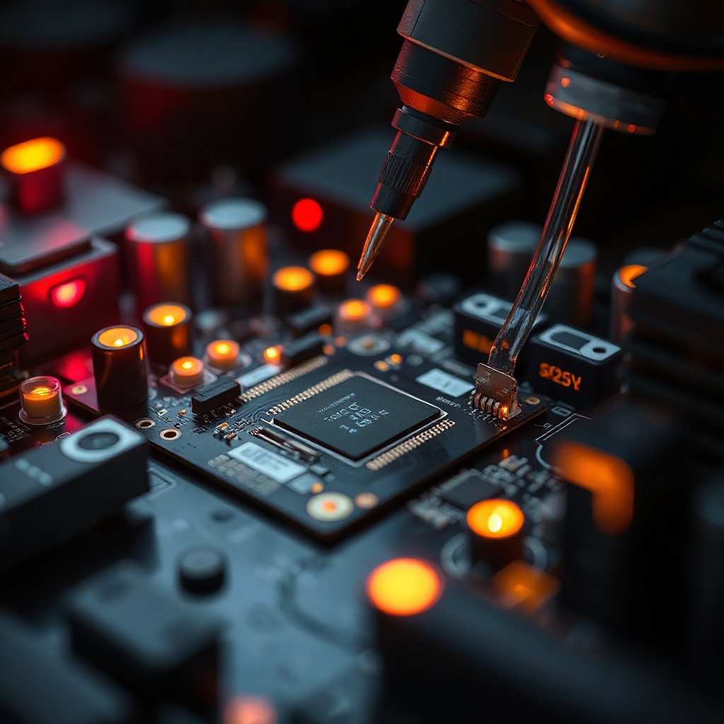 close-up macro photography of a high-end PCB prototype being tested in a dark engineering lab with p