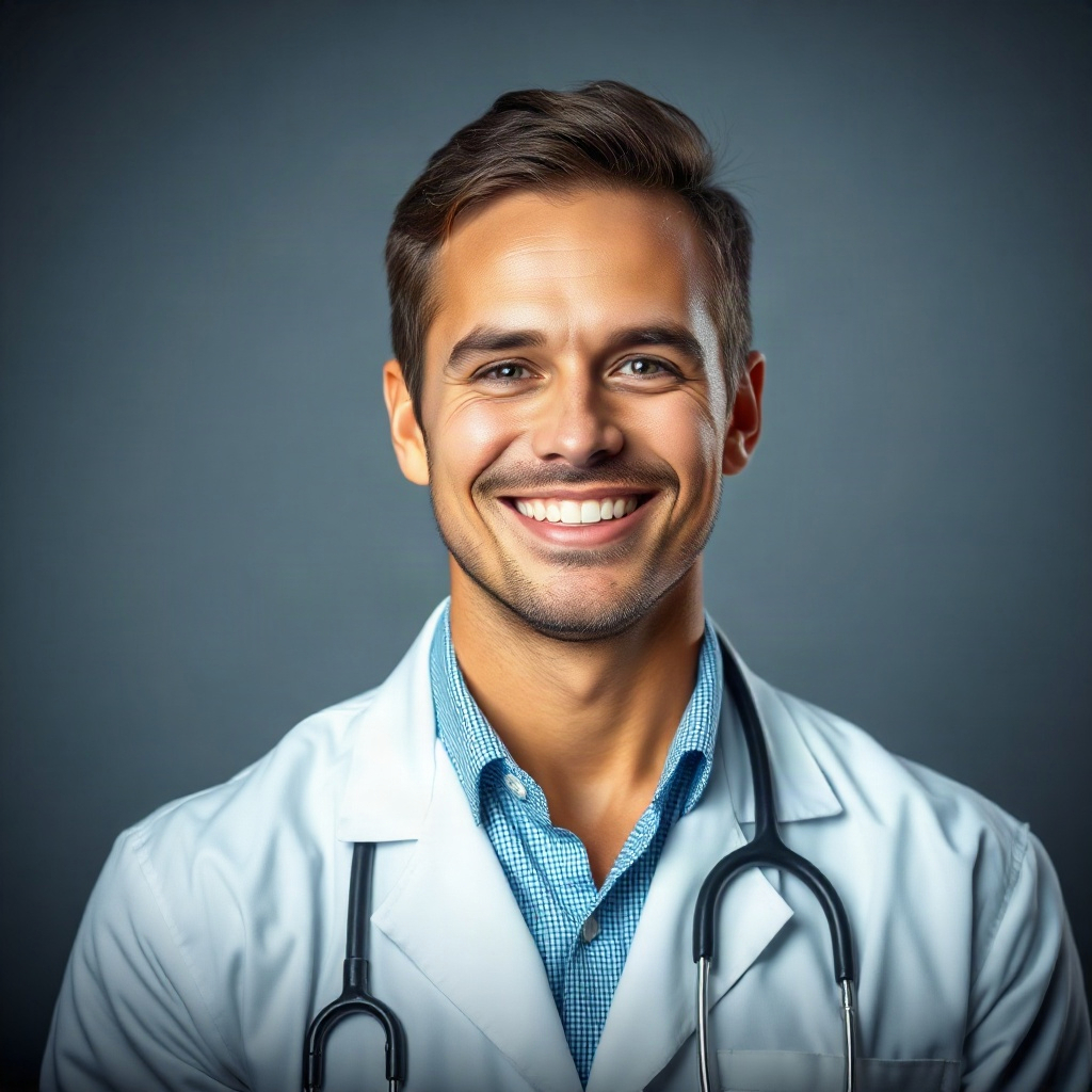 professional headshot portrait of a friendly male doctor in a white coat, studio lighting, medical p