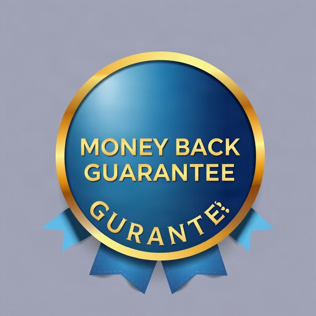 Circular gold and navy money-back guarantee seal badge with shield icon and ribbon, premium trust ma
