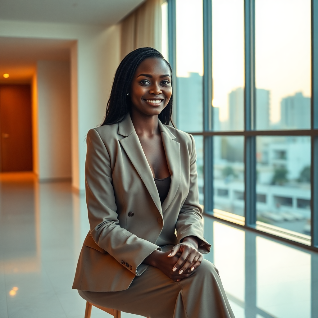 portrait of a successful young Nigerian professional woman sitting in a high-end minimalist Lagos ap