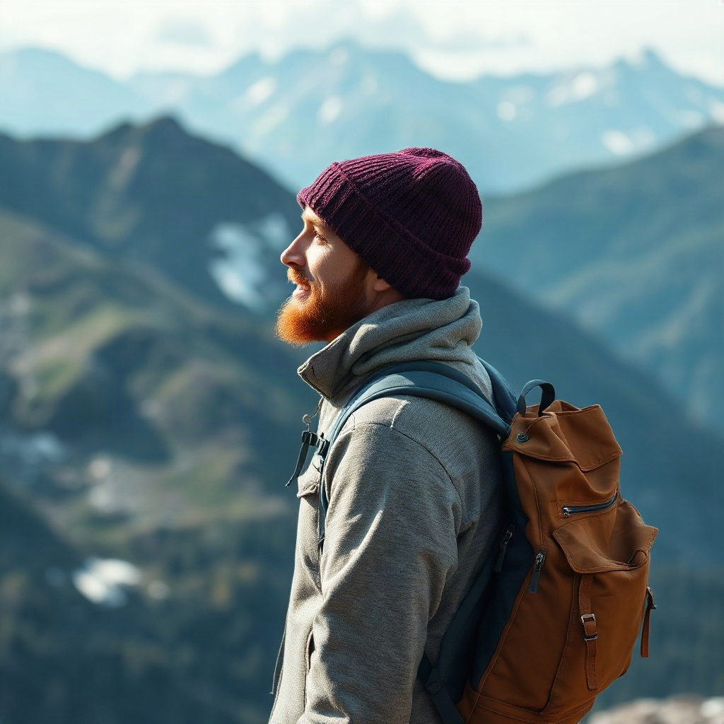 traveler with beanie and backpack standing in alpine landscape, looking away