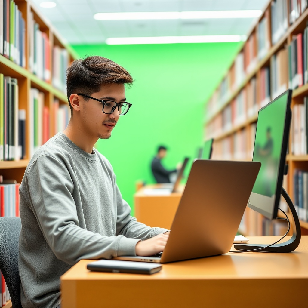 student in library studying computer science, modern laptop, vibrant green background