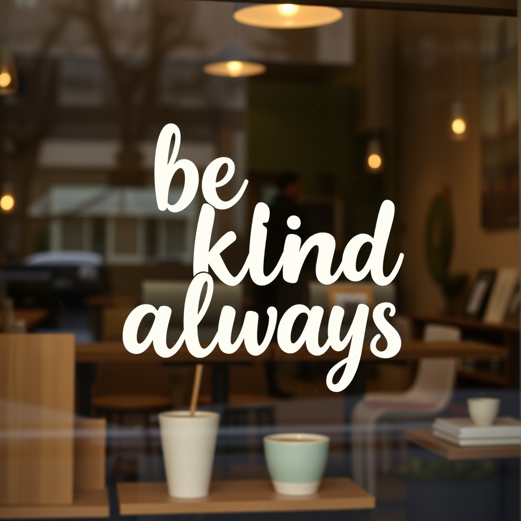 coffee shop window Be Kind Always bold text community values painted window sign