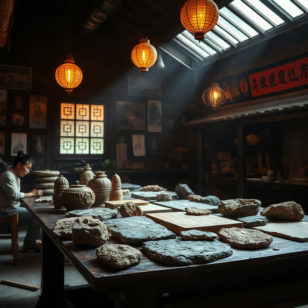 warm atmospheric photo of traditional chinese stone craft workshop, amber lighting, textured natural materials